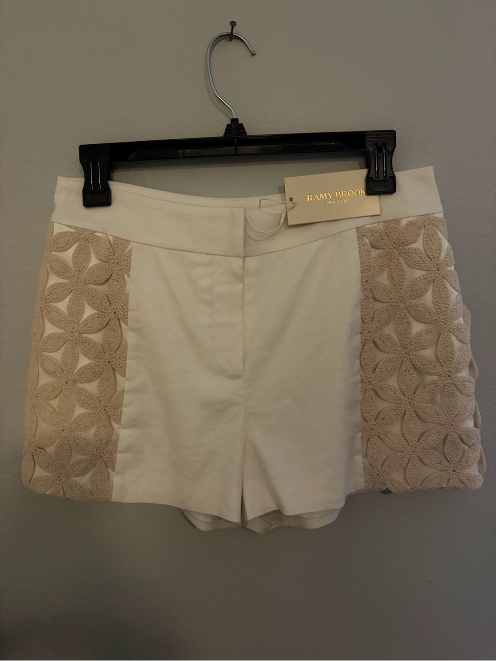 Ramy Brook Cream and Ivory High-Waist crochet Lace Panel Shorts
